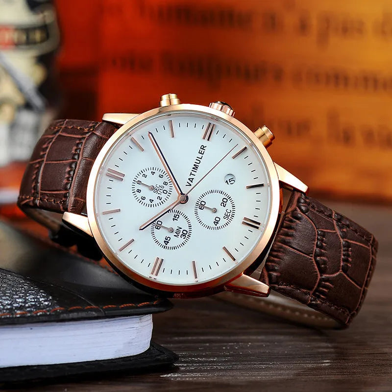 Men's business quartz watch with genuine leather strap, stainless steel case, slim 8mm profile, and 10mm dial in all black colour