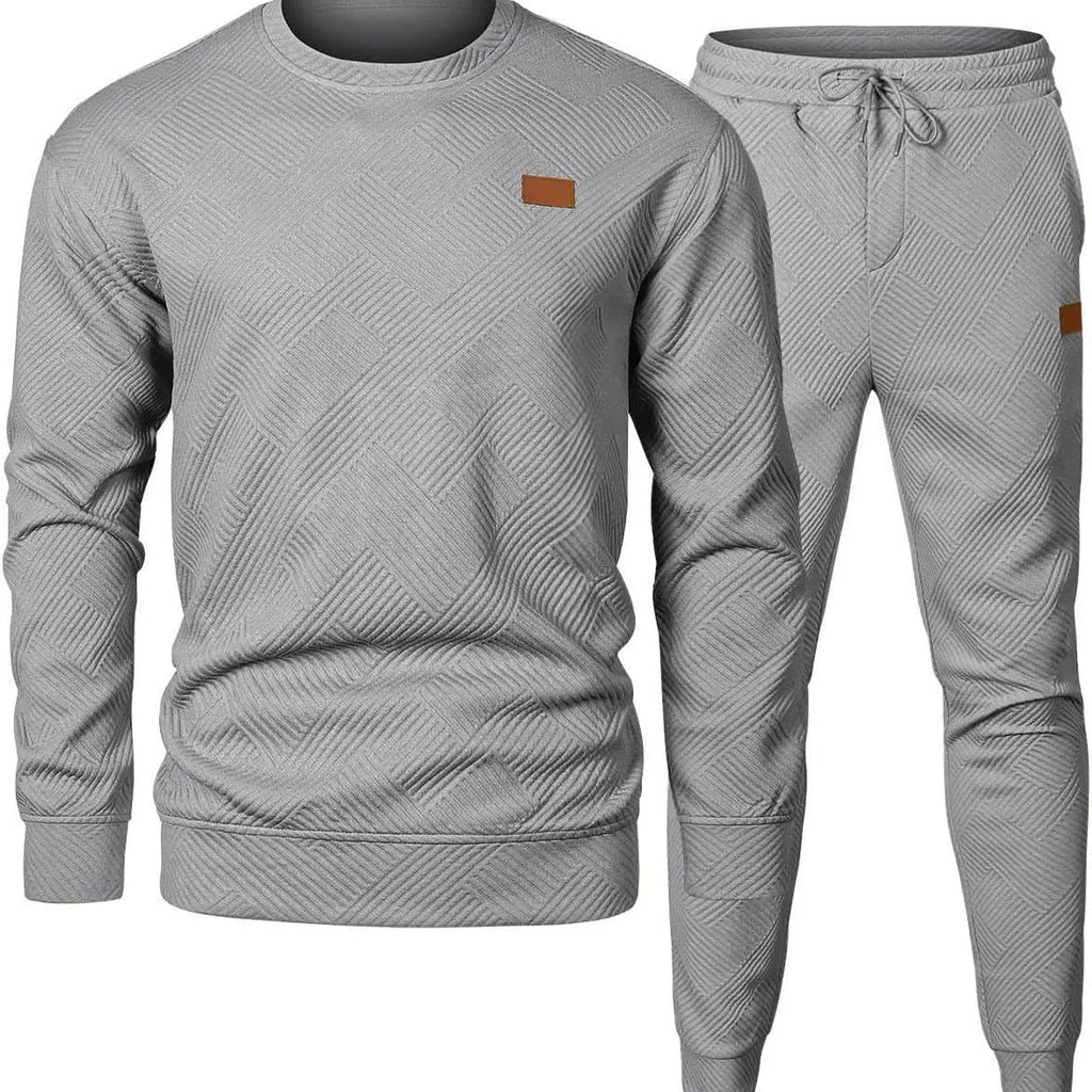 Men's round neck jacquard sweater set with long sleeve top and matching trousers in black
