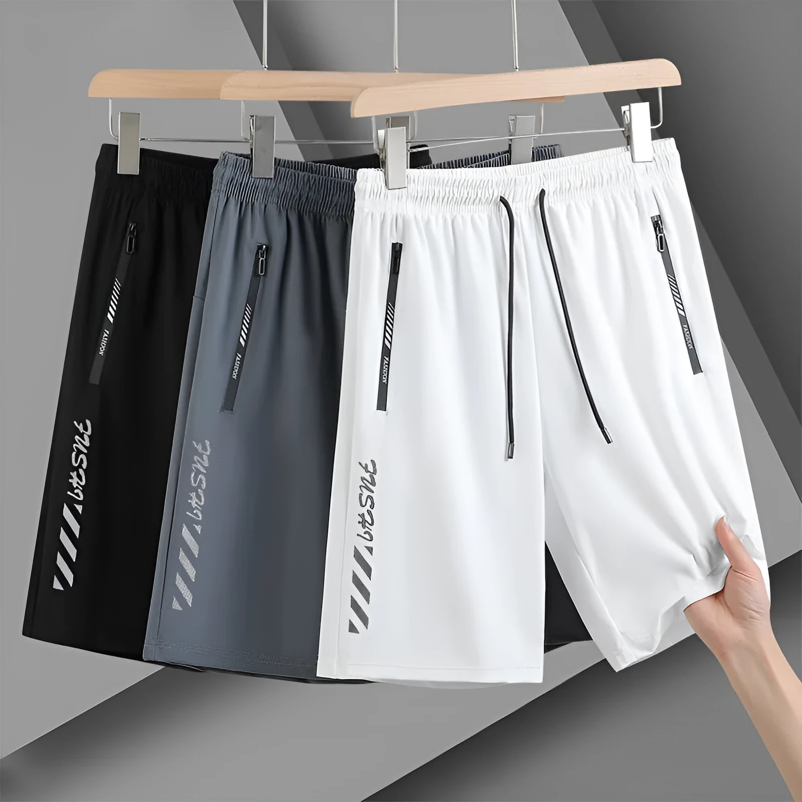 Men's black quick-drying nylon sports shorts with loose fit and medium elastic waistband