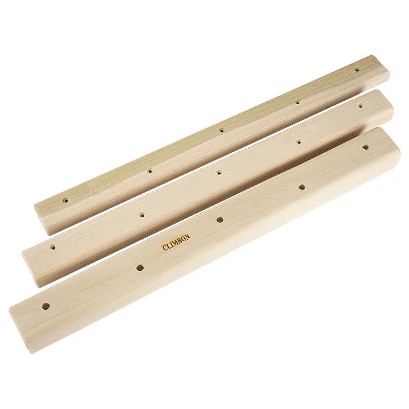 Set of three solid wooden grip strength training fingerboards in different lengths and thicknesses.
