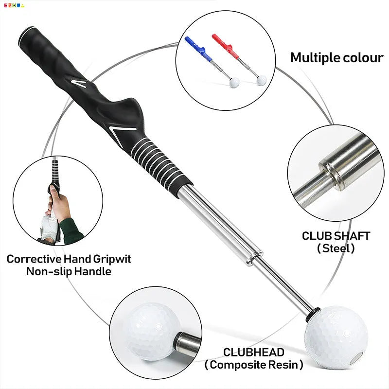 Telescopic stainless steel golf swing trainer simulator in black, blue, or red.