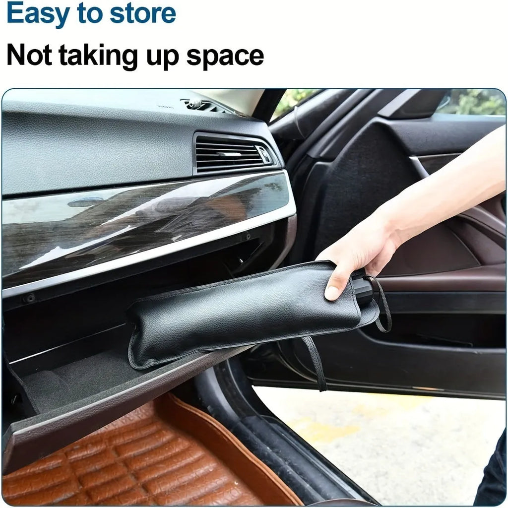 Foldable car windshield sunshade umbrella showing automatic folding mechanism and UV protection