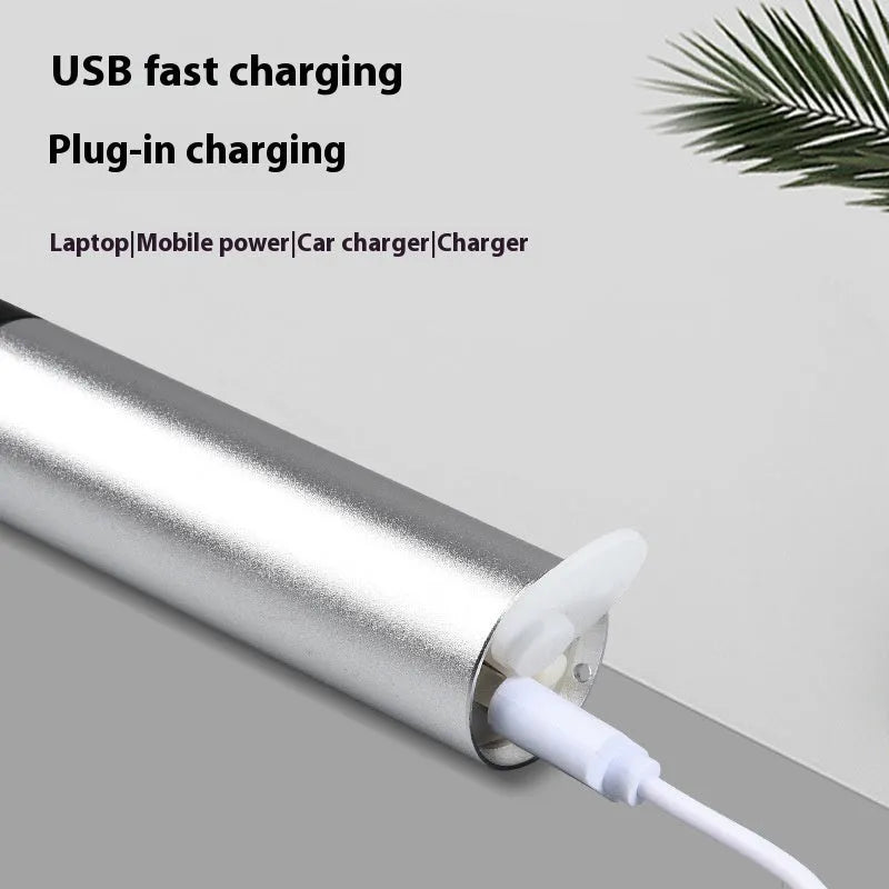 Black or silver aluminium red light therapy mosquito repellent lamp with charging cable.