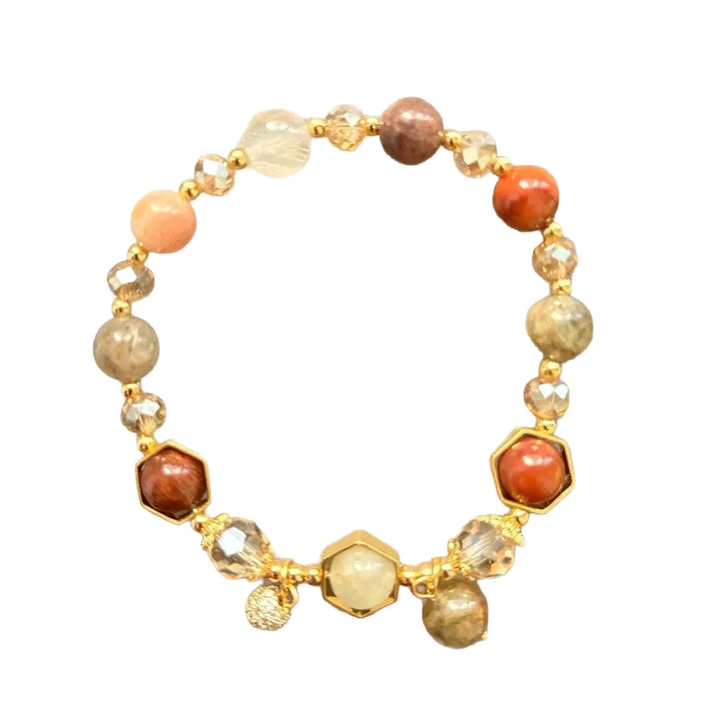 Gold-colour citrine crystal bracelet with 8mm beads and symbolic metal ornaments including Ruyi and Fu characters