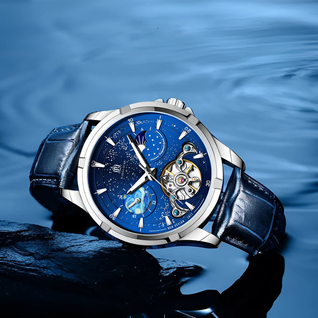 Men's T885B Blue automatic mechanical wristwatch with stainless steel case on wrist.