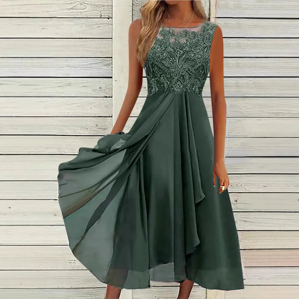 Women's sleeveless midi chiffon dress with hollow-out lace detail in blue, green, or purple.