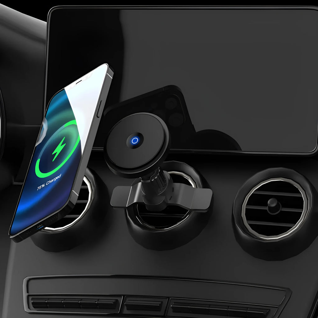 Silver metal 15W magnetic fast car wireless charger mounted on a car air vent.