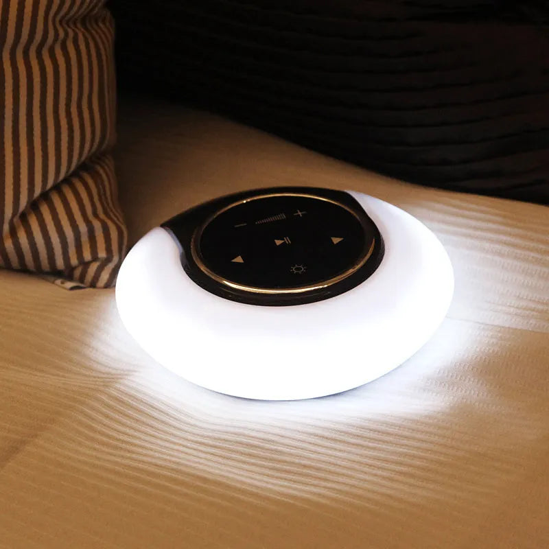 Blue and white Bluetooth desk lamp speaker with touch controls in folded position showing dimensions