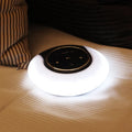 Blue and white Bluetooth desk lamp speaker with touch controls in folded position showing dimensions