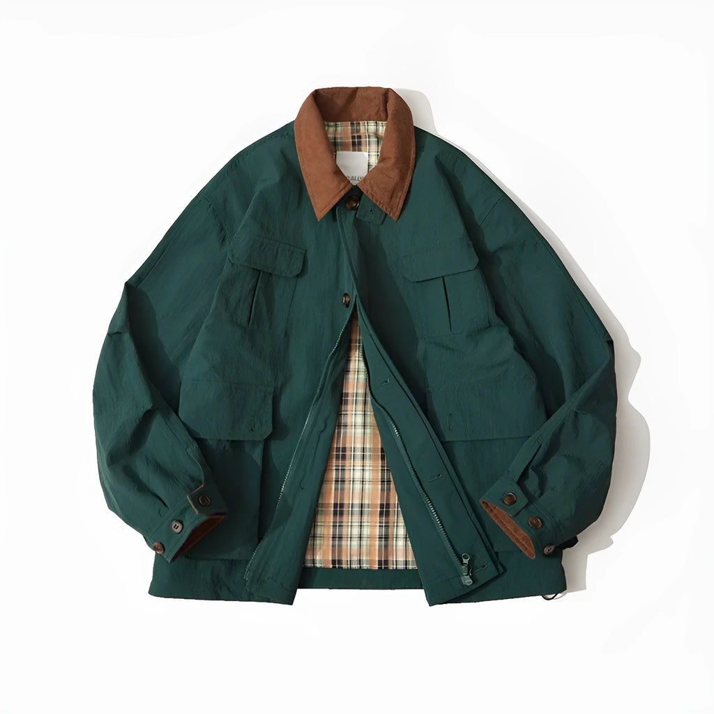 Man and woman modelling a solid green casual polyester jacket with long sleeves and side seam pockets.