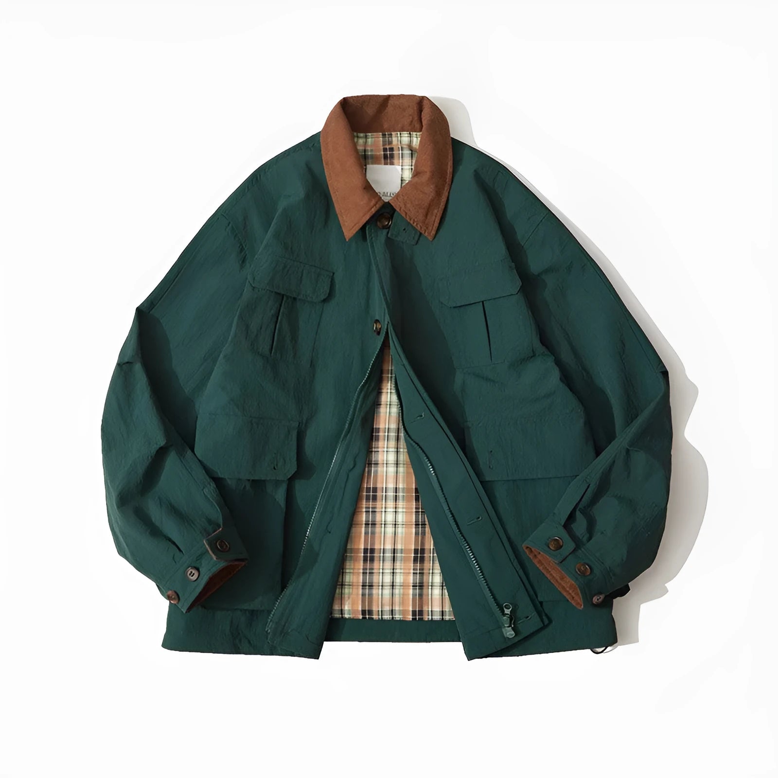 Man and woman modelling a solid green casual polyester jacket with long sleeves and side seam pockets.