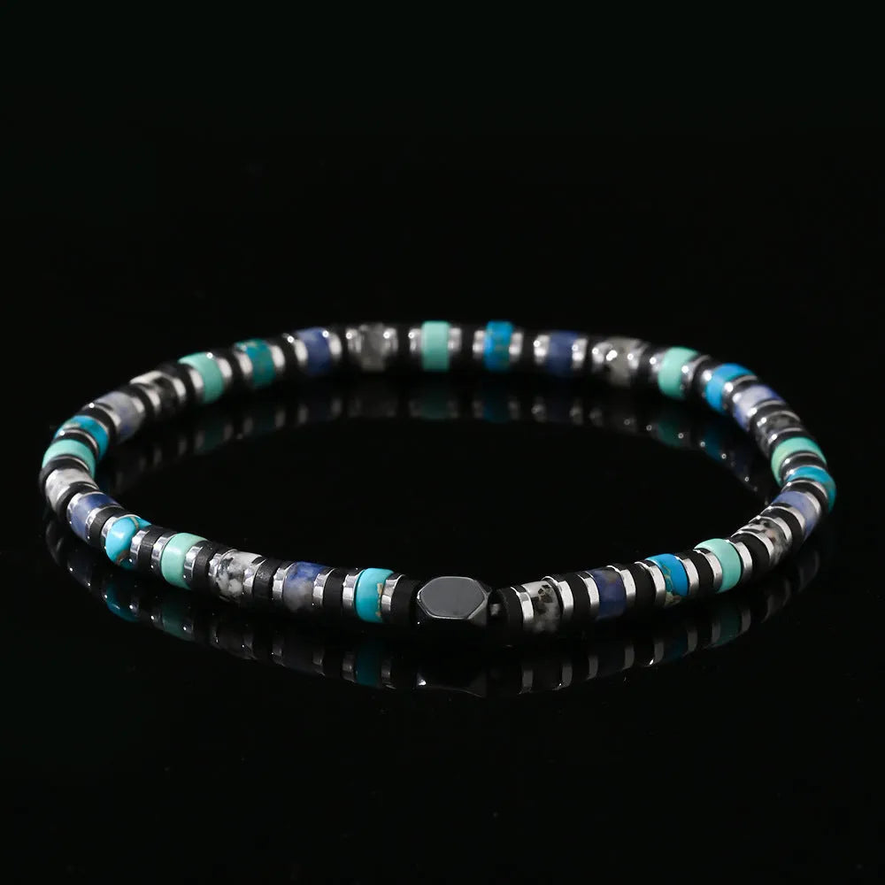 Hand-woven bohemian bracelet with cylindrical semi-precious stone beads in geometric arrangement
