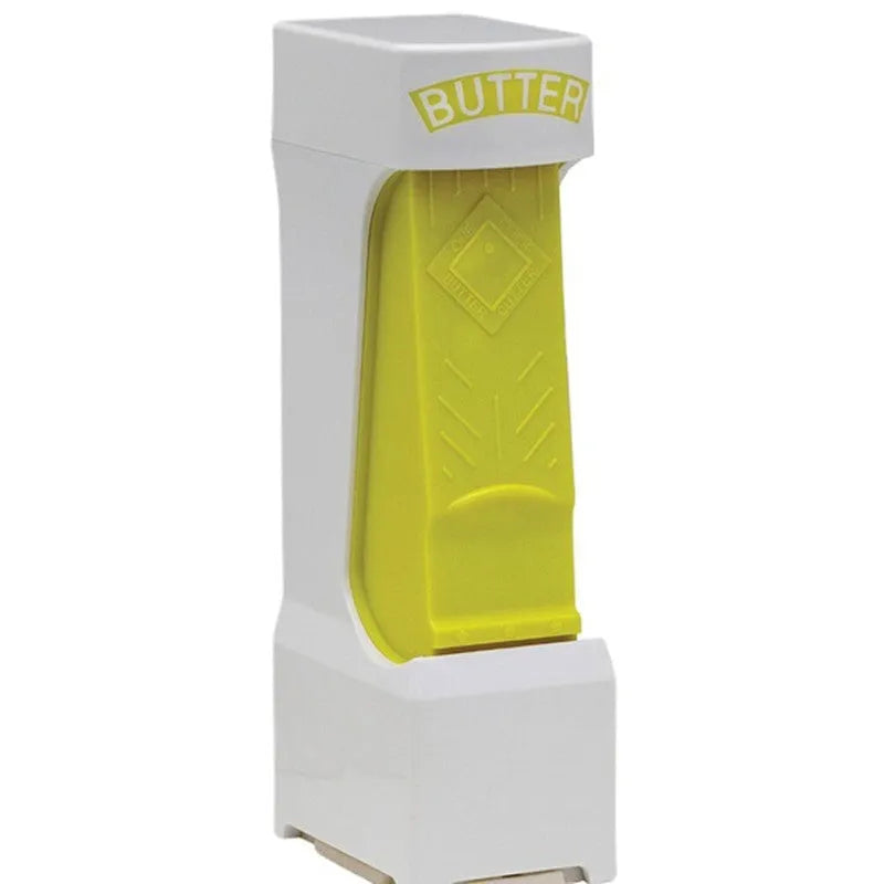 Yellow butter cutter slicer for 4.75 inch sticks with stainless steel blades and one-button dispenser