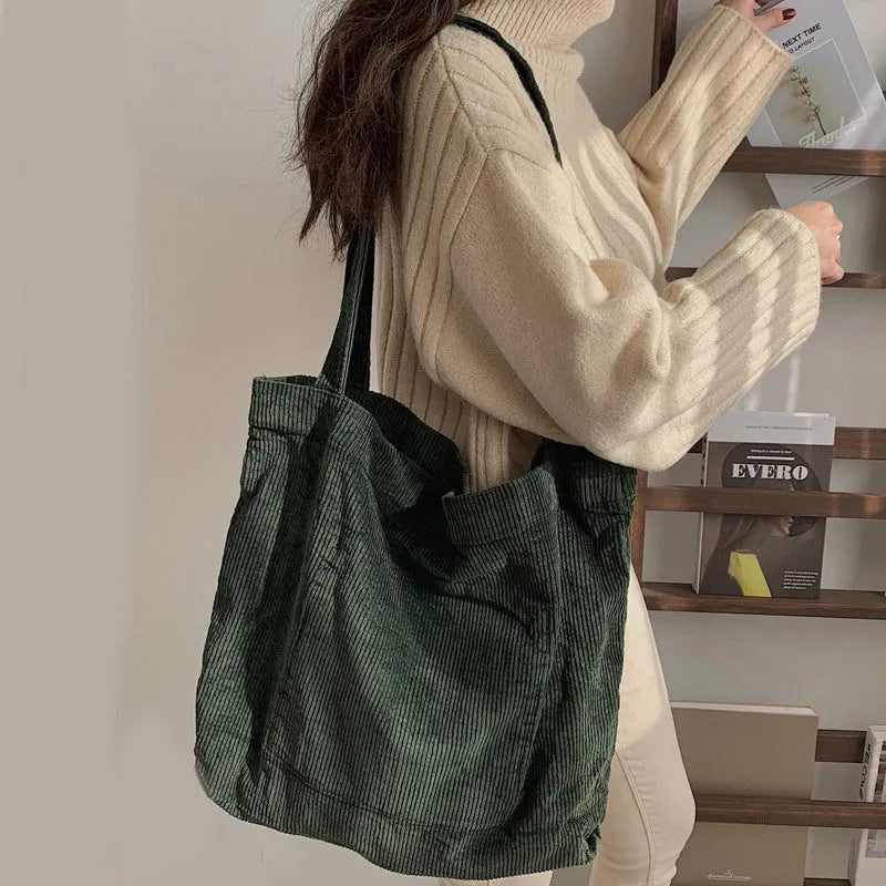 Corduroy shoulder tote bag large vertical square solid colour soft handle with pleated detail