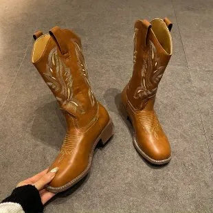 Brown women's embroidered Martin boots with leather lining and round toe