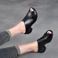 Women's black square heel peep-toe slippers with fish mouth scaffold design