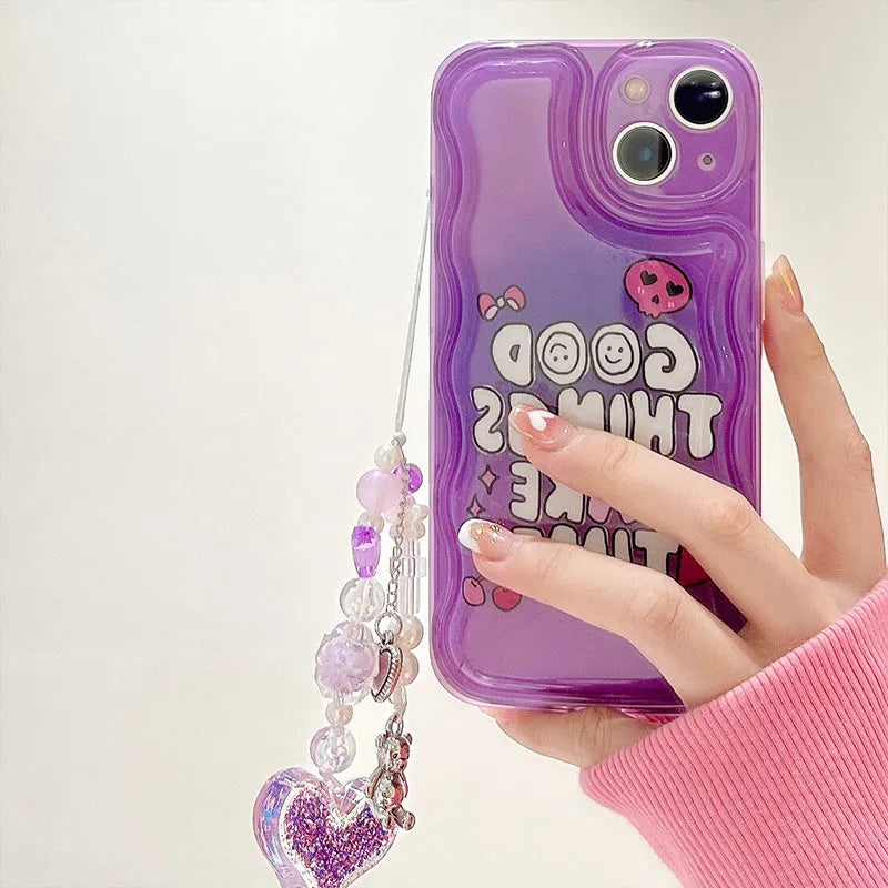 Purple English graffiti love pendant iPhone case with integrated bracelet chain