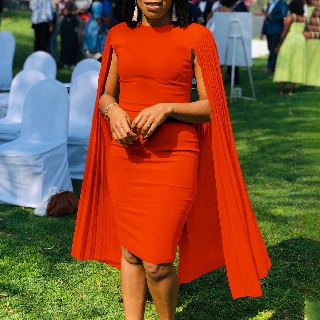 Round neck pleated shawl evening gown dress with high waist and long sleeves in multiple colour options