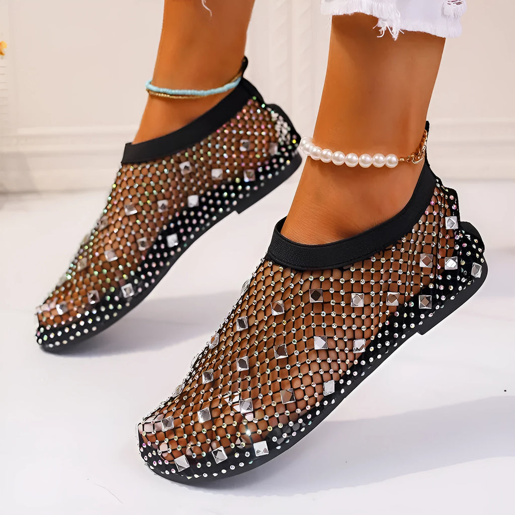 Women's colourful mesh flat sandals with rhinestone decoration and rubber sole