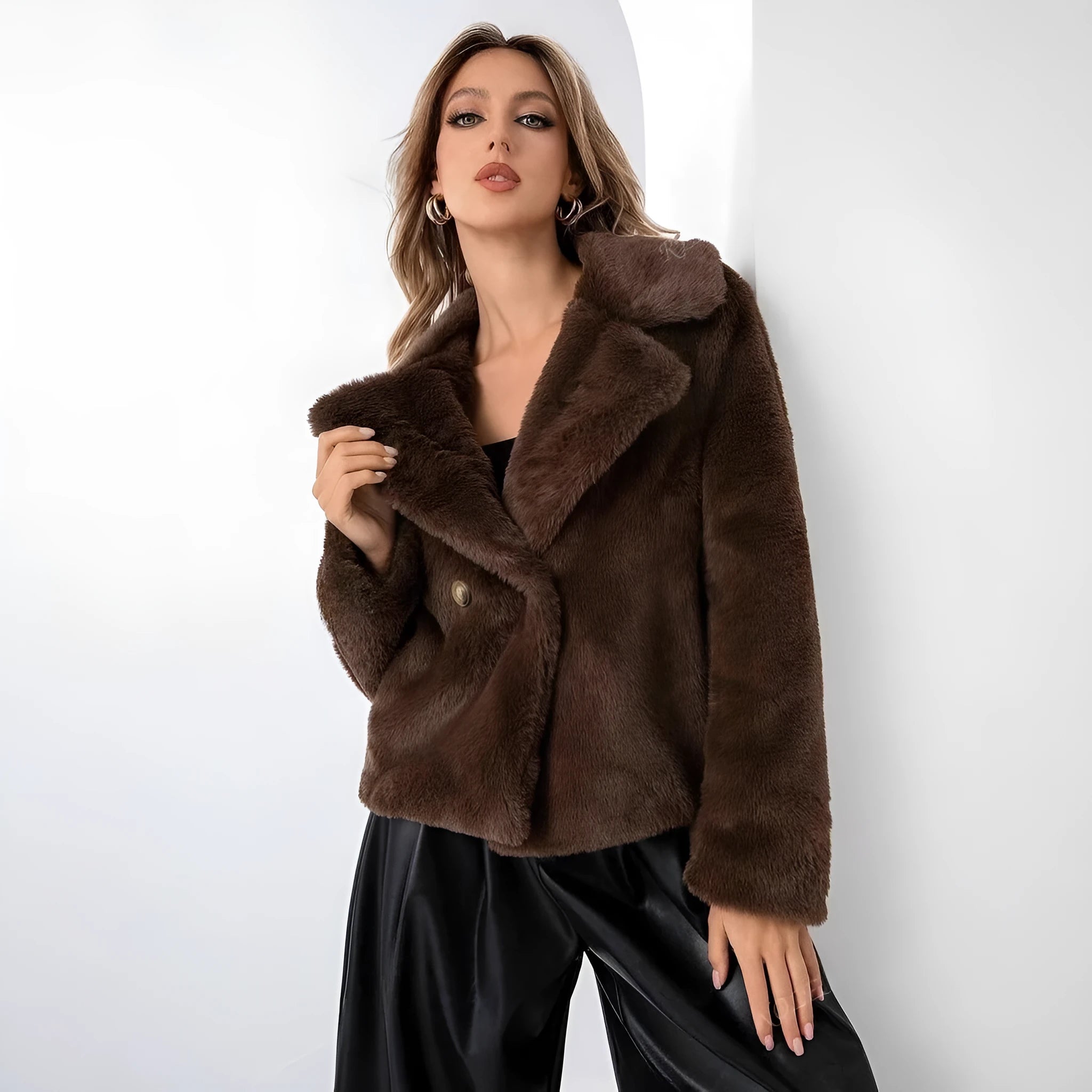 Women's loose-fit faux fur coat in rose red, shown with regular sleeves and a 50cm length.