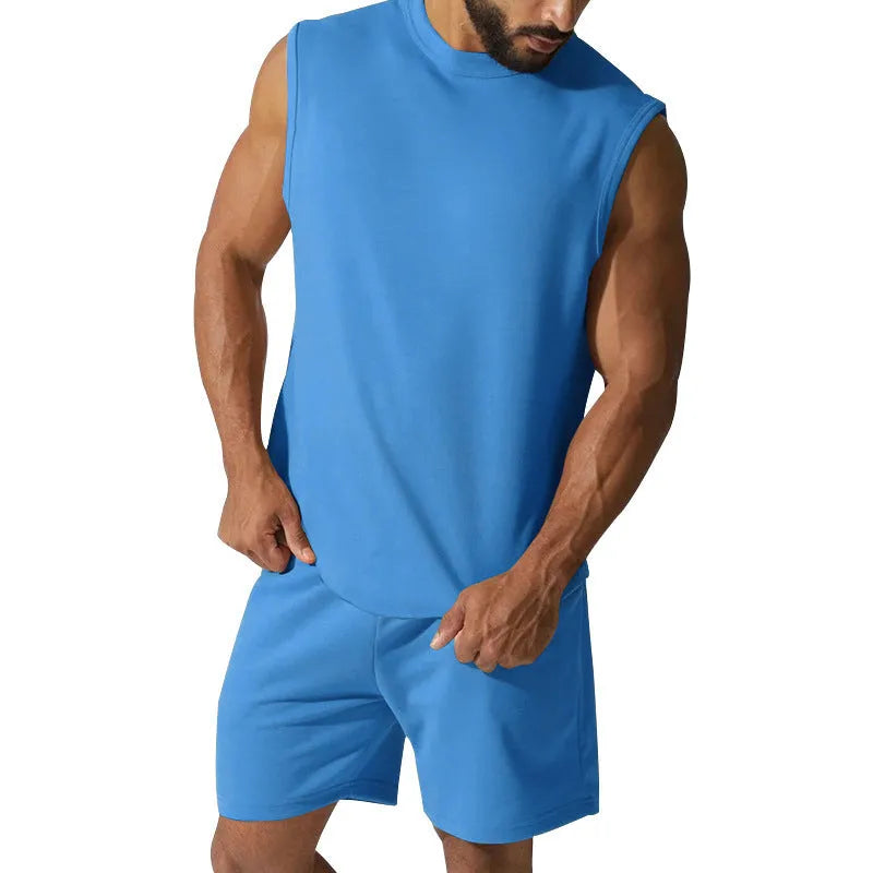Men's sleeveless cotton blend sports suit set in multiple colour options with matching shorts