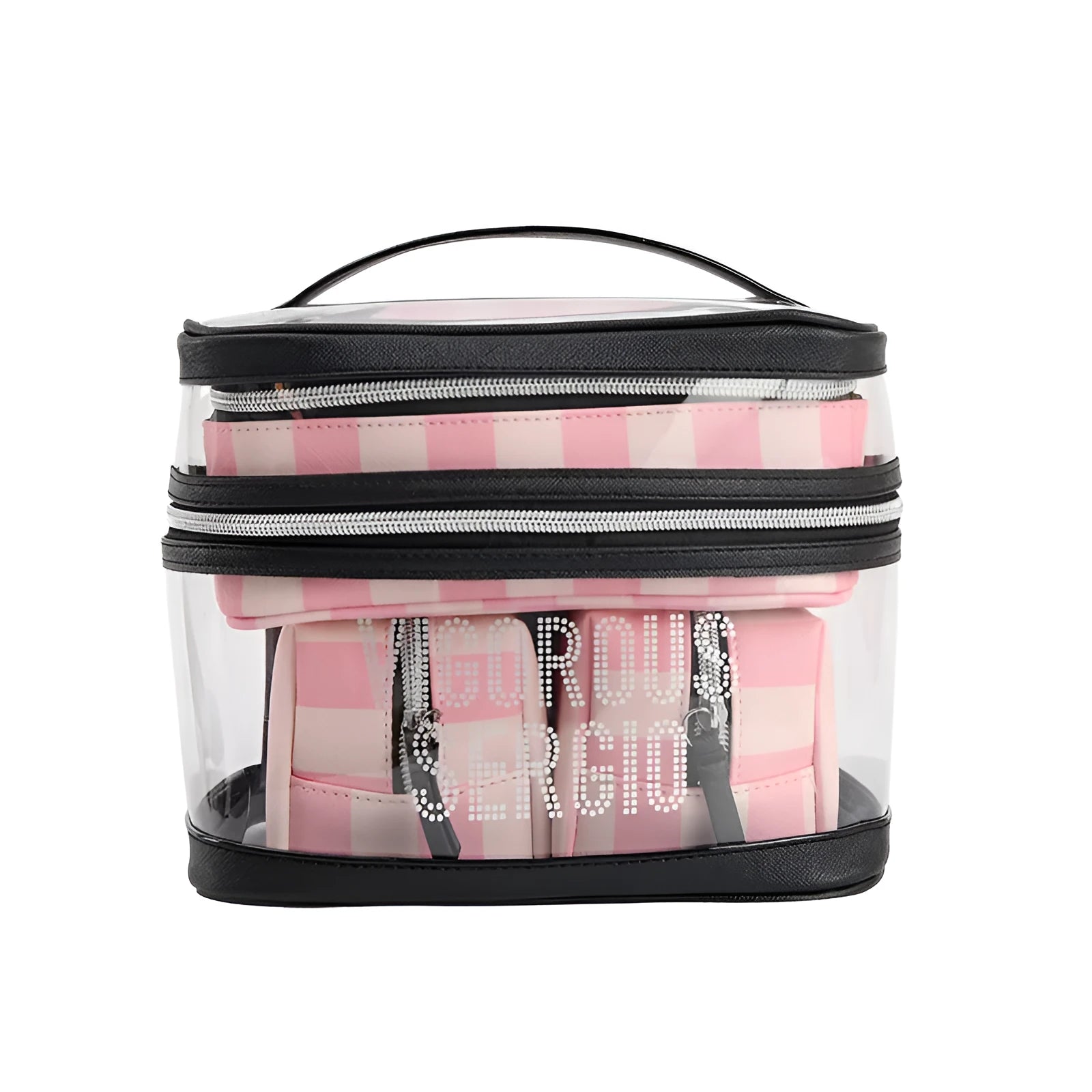 Pink and white striped floral print synthetic leather folding makeup bag.