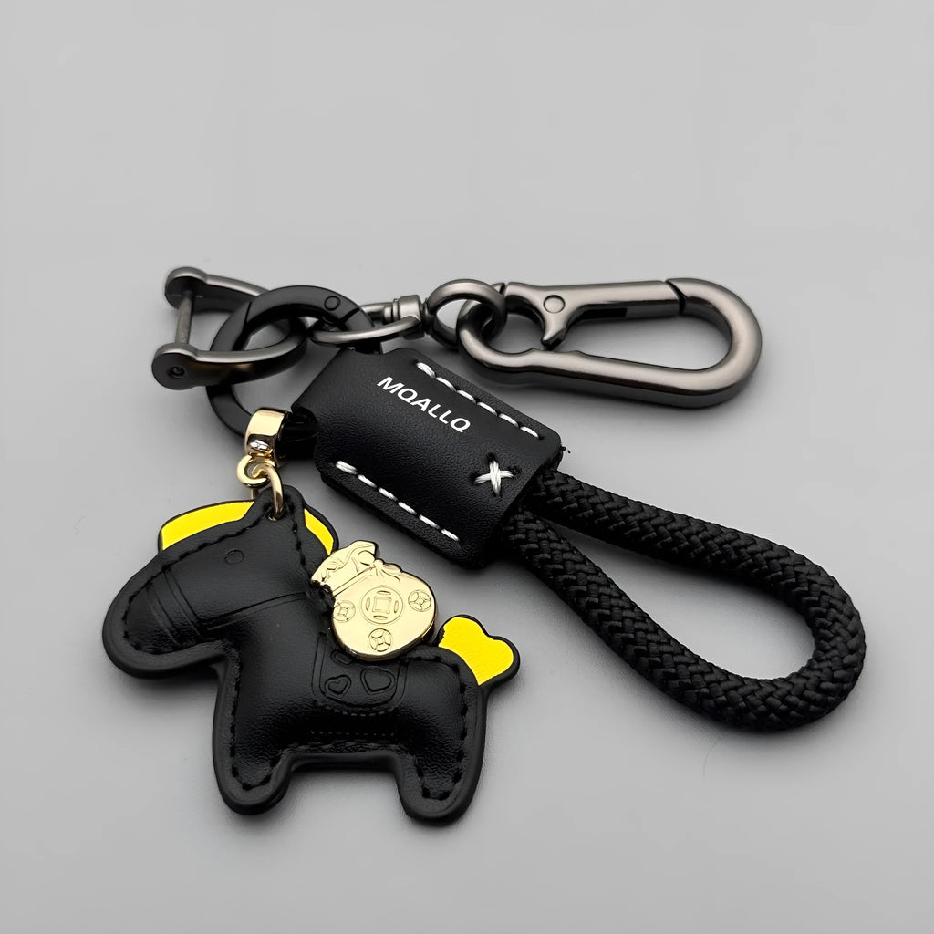 Handmade cowhide car key ring pendant with zinc alloy pony belt buckle and coloured flanelle rope