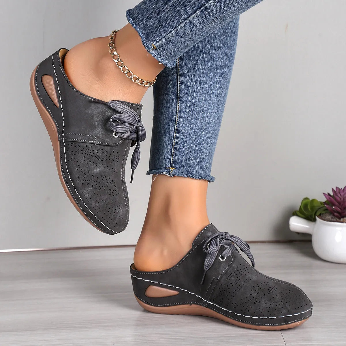Women's baotou lace-up slippers with hollow out wedges in suede upper and rubber sole