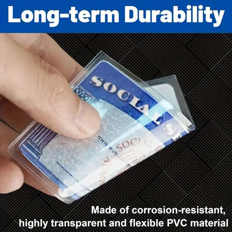 Clear PVC social security card holder with dimensions 9.7cm by 5.9cm, shown protecting a card.