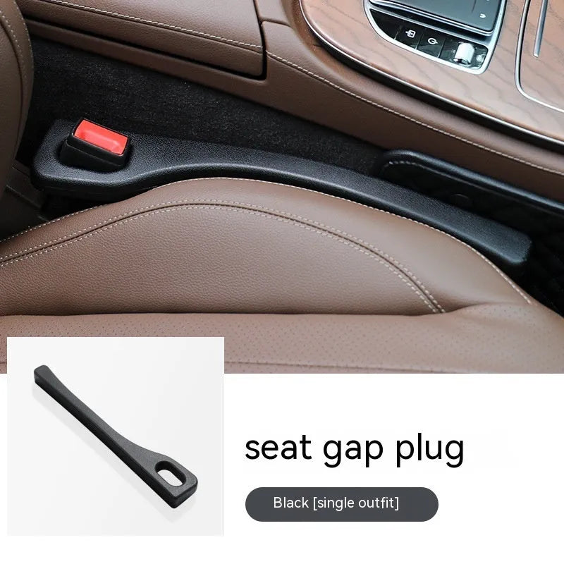 Black polyurethane car seat gap strip preventing items from falling between vehicle seats.