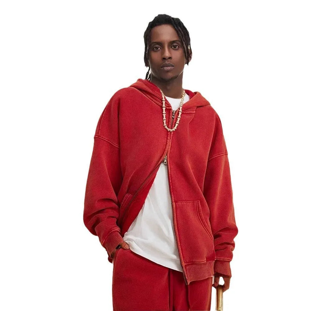 Men's vintage washed cotton hooded cardigan with fleece lining and a double front zipper.