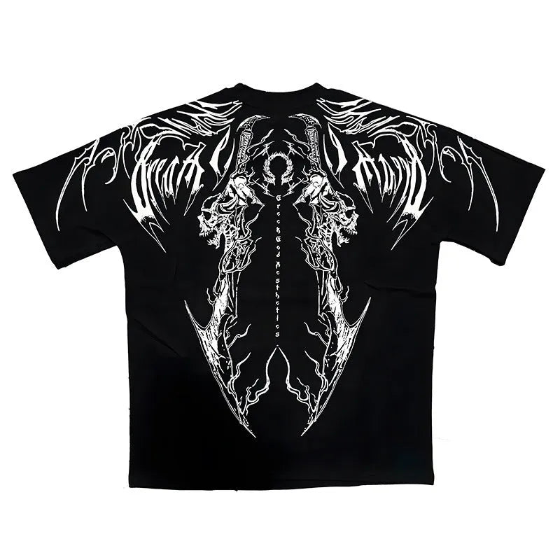 Dark loose plus size cotton short-sleeved T-shirt with gilding craft details on mannequin