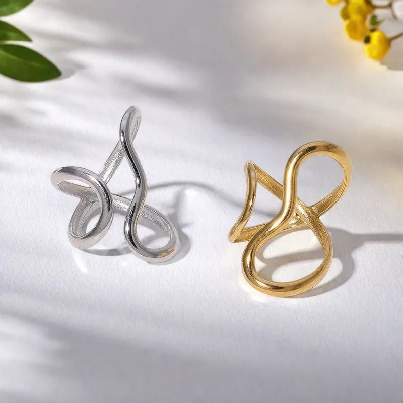 Minimalist irregular line open ring for women, zinc alloy, gold and silver electroplated finish, log-edge geometric style