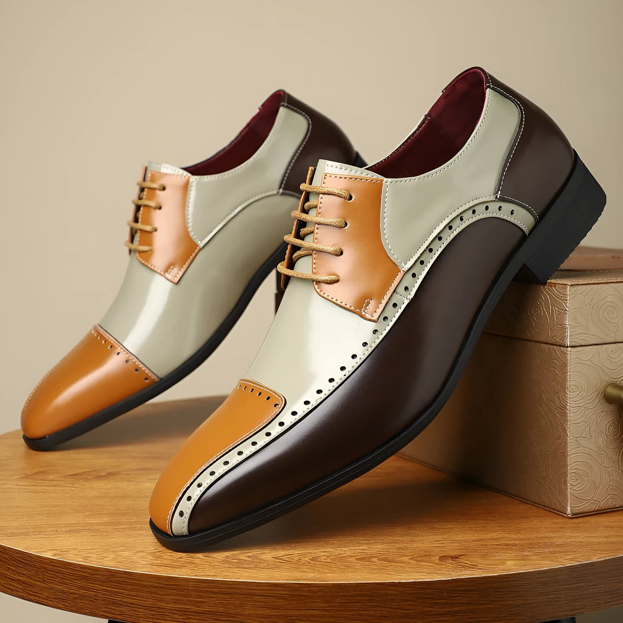 Men's low-top leather shoes in black, green, or purple with stitching detail and a leather toe cap.
