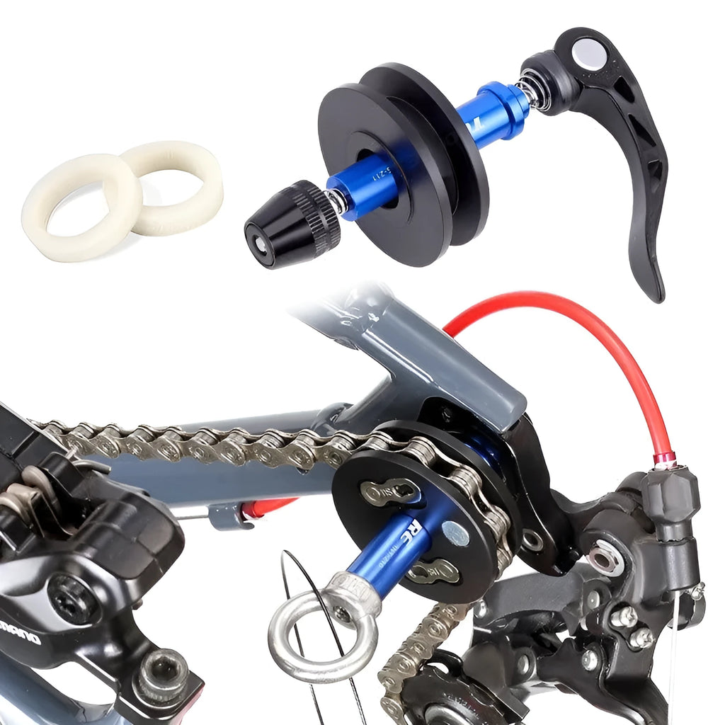 Aluminium bicycle chain holder tool shown in barrel shaft and quick release versions on a workshop bench.