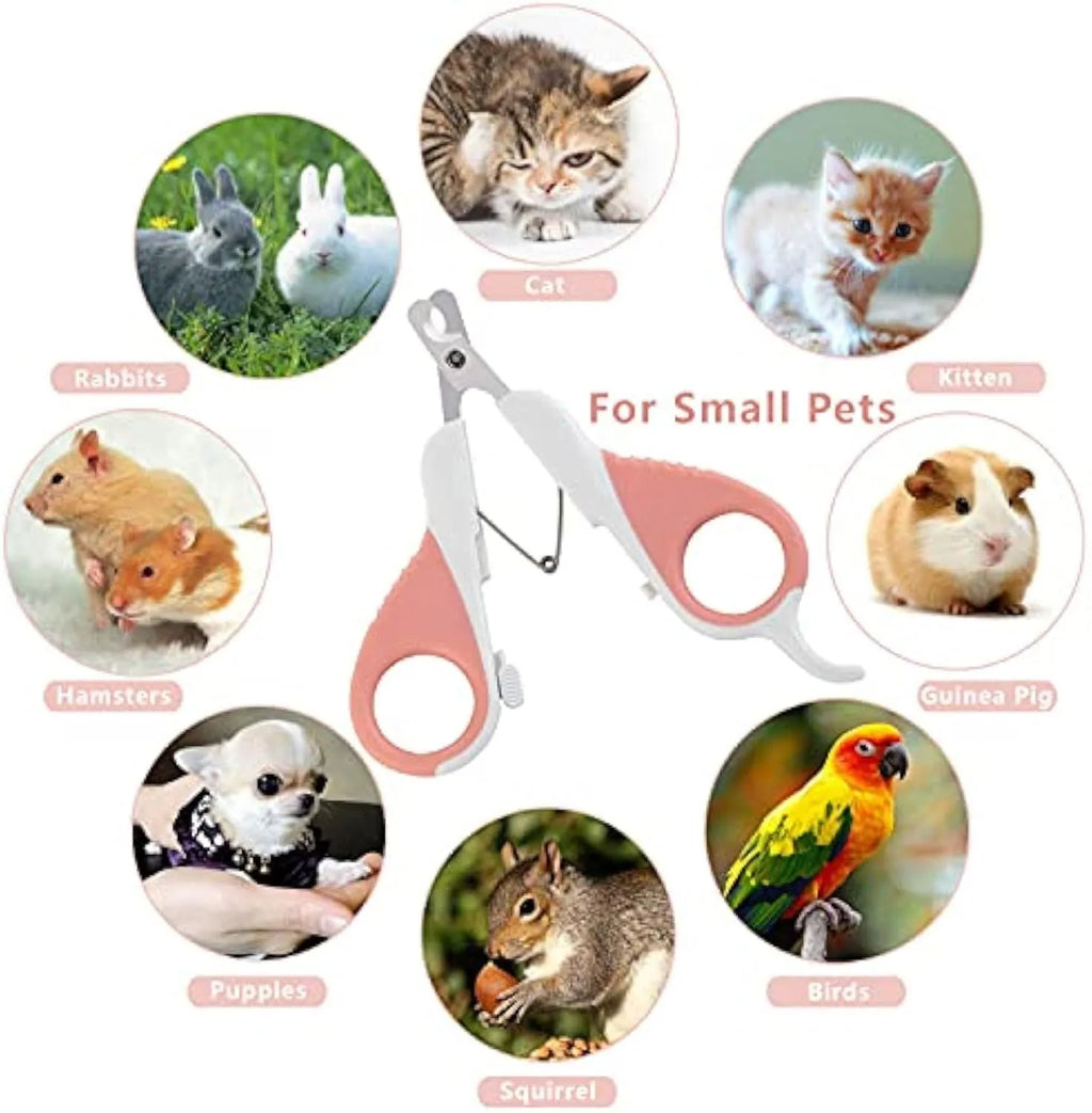 Grey and pink cat nail clippers with safety guard and angled blade for small pets