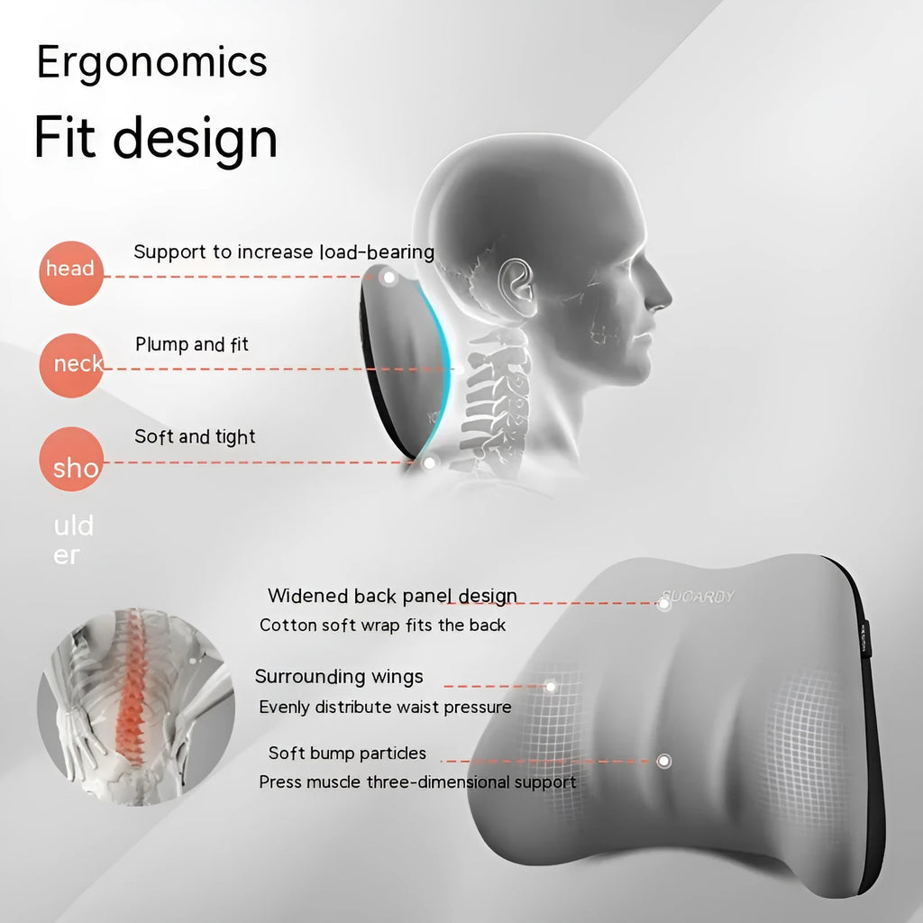 Memory foam lumbar support and neck pillow car cushion set in a choice of six colours.