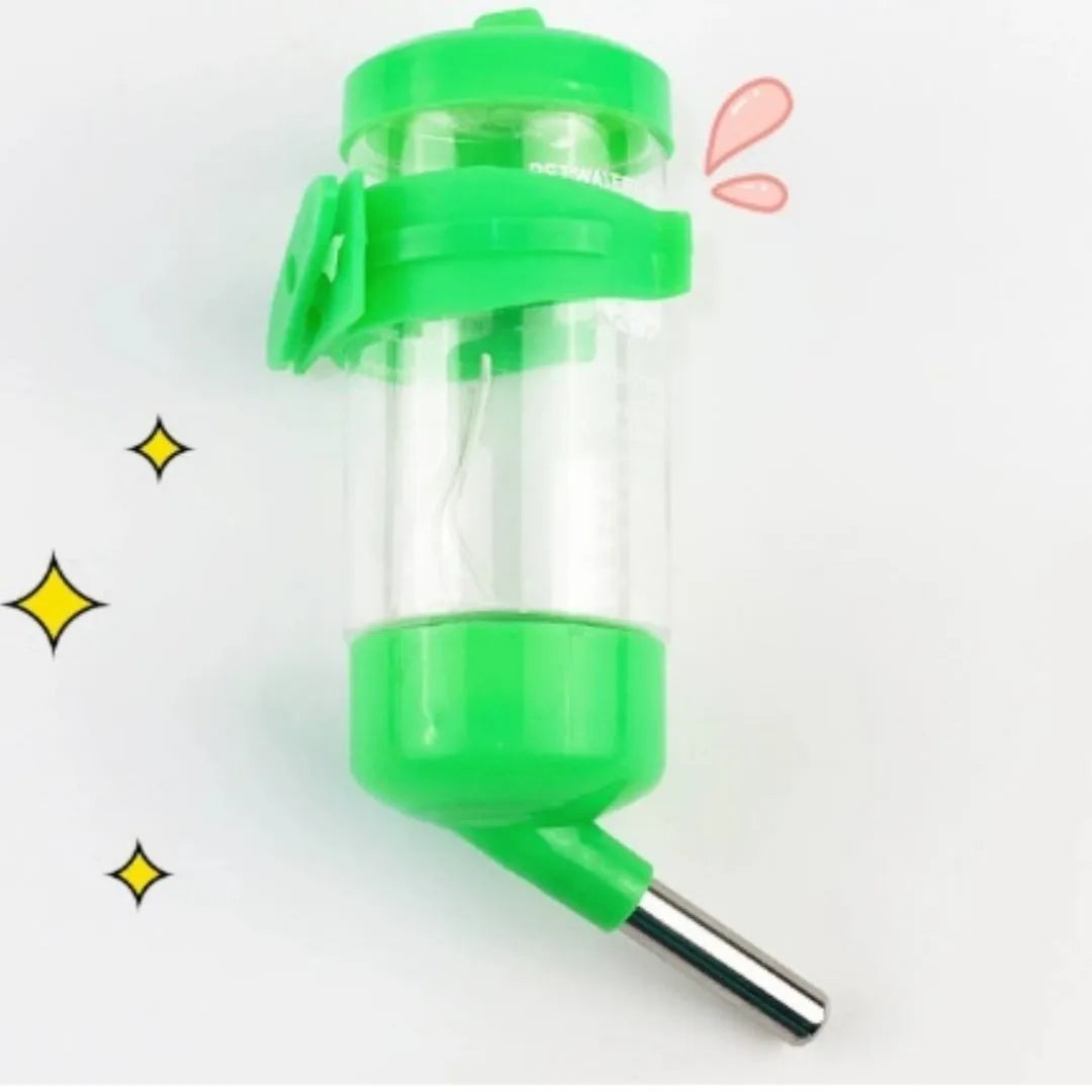 Green plastic ball kettle pet water feeder with a glass tube, showing the water filling capacity.