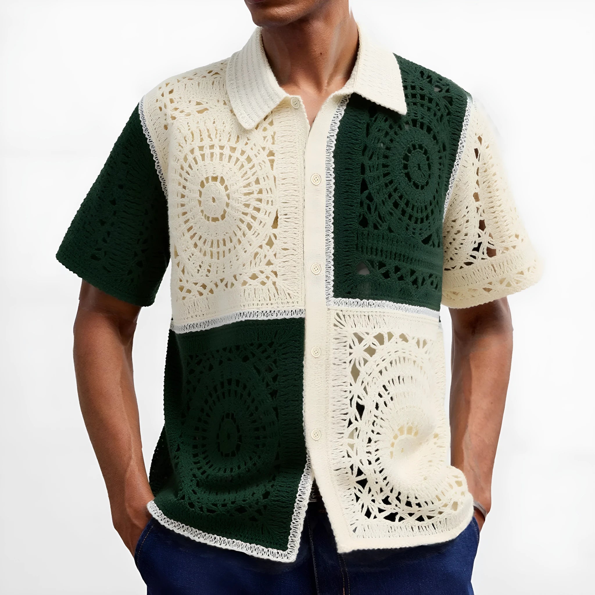 Beige men's knitted shirt with colourblock pattern and flocked detailing on short sleeves