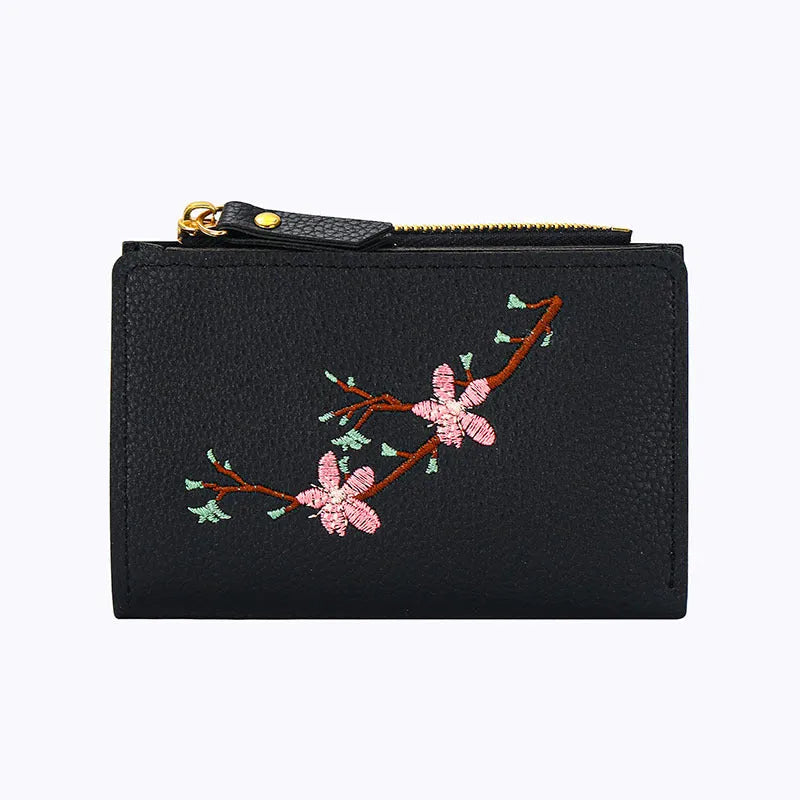 Lady's small wallet short style floral print PVC money holder in black with PU lining