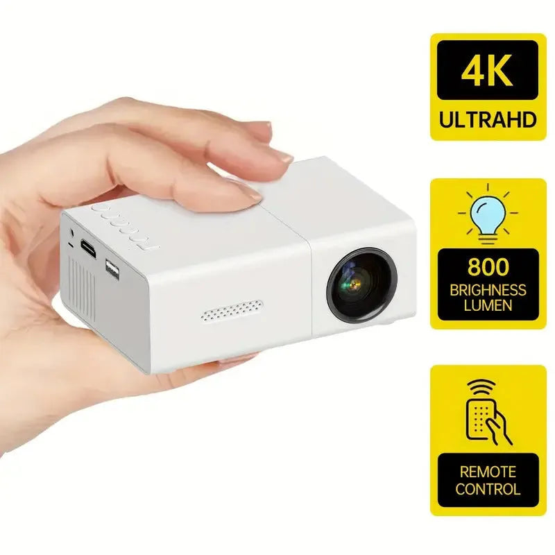 M100 portable LED projector showing black and white colour options with remote control
