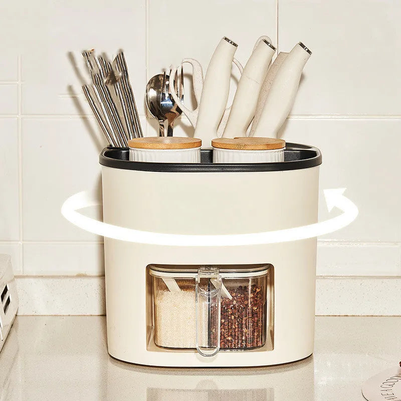 White rotating kitchen storage bucket with attached four-compartment spice box for utensils and seasonings.