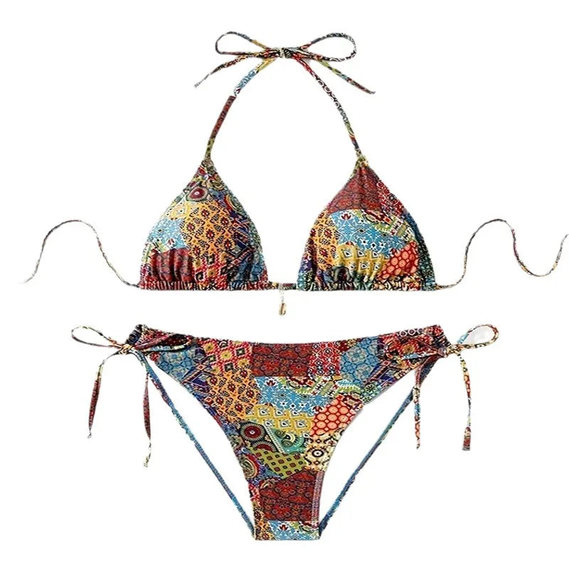 Print tie-separated swimsuit for women, high waist bikini in polyester, available in blue green red