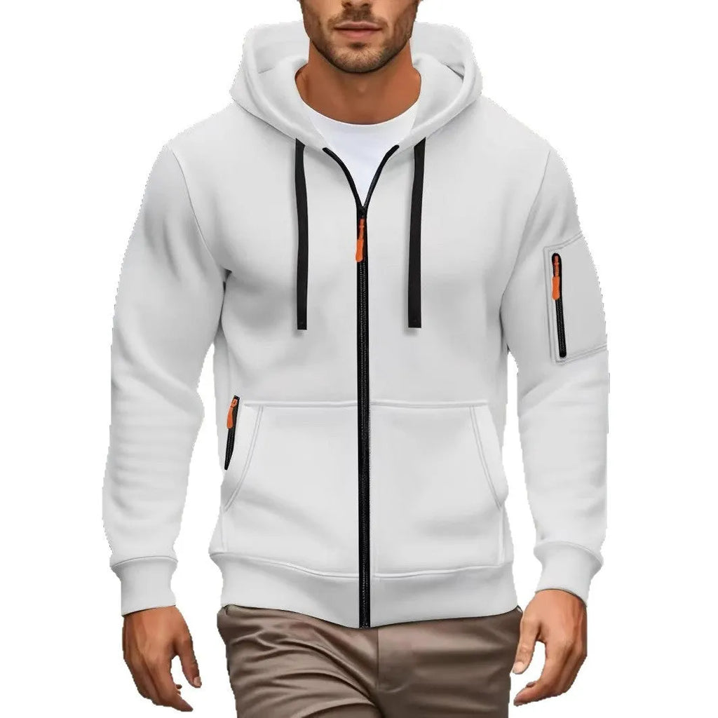 Men's hooded zipper sweatshirt cardigan coat in army green colour with wool lining