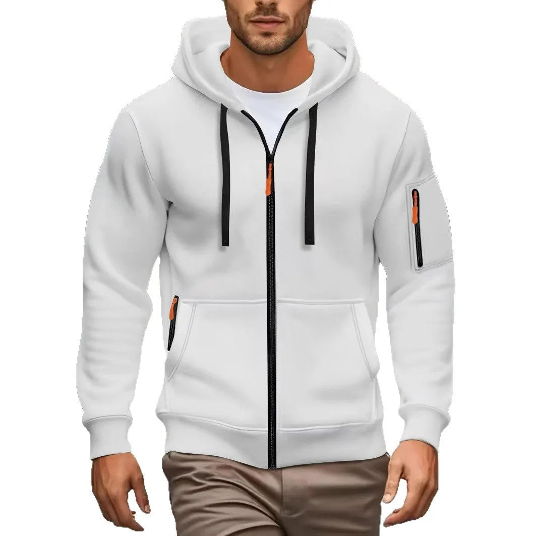 Men's hooded zipper sweatshirt cardigan coat in army green colour with wool lining