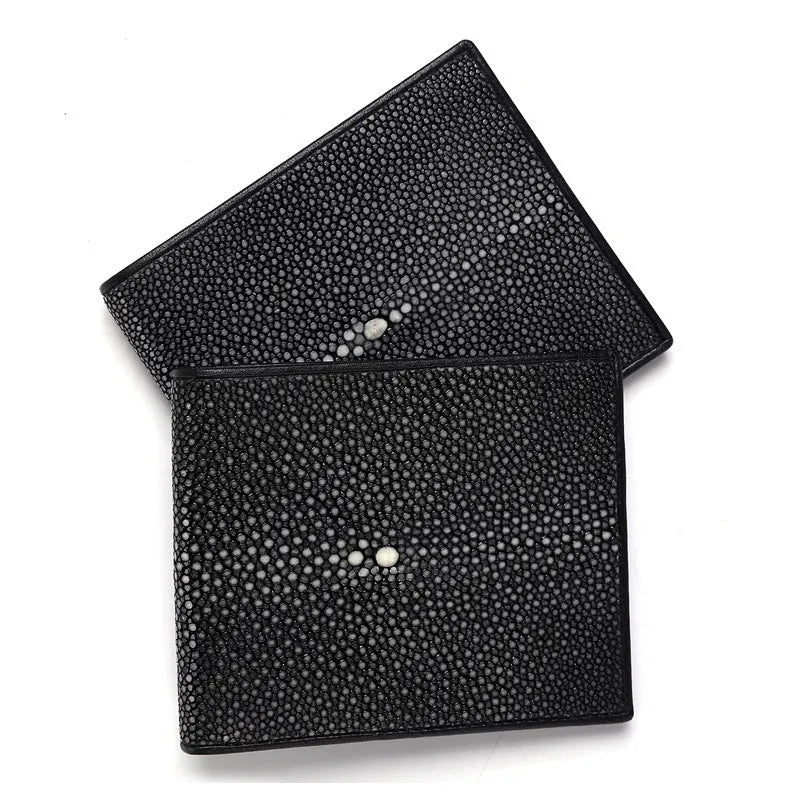 Genuine pearl fishskin cowhide leather wallet in a short horizontal square shape.