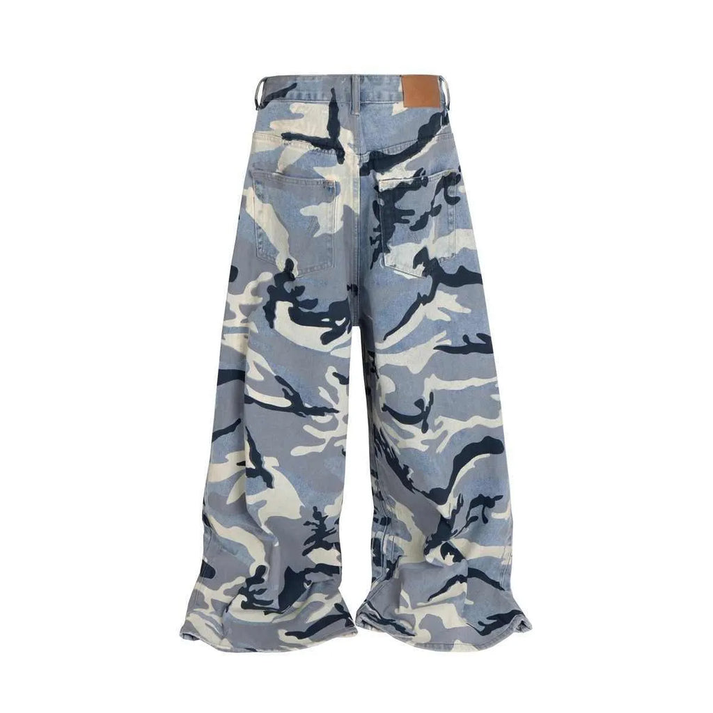 Snow camouflage blue men's and women's jeans with loose fit and micro-elastic stretch
