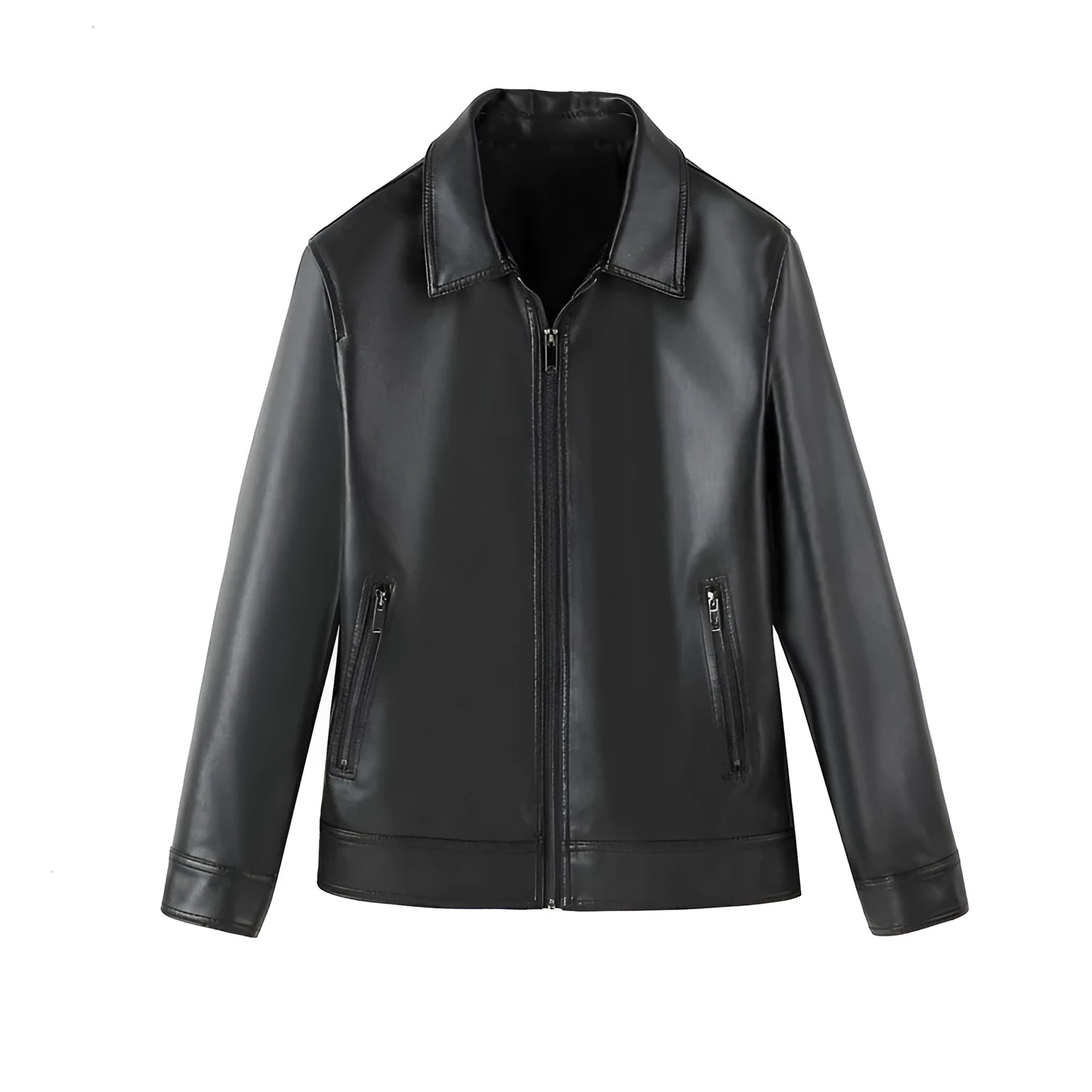 Men's black loose-fit casual PU leather jacket with zip pockets.