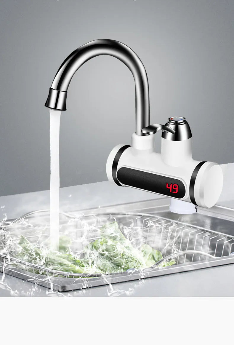 White kitchen instant electric water heater tap with digital temperature display