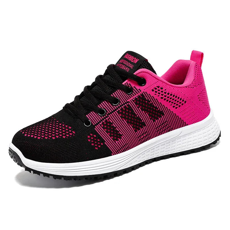 Women's flyknit running shoes with soft sole and flat heel in black, rose red, or grey pink colours